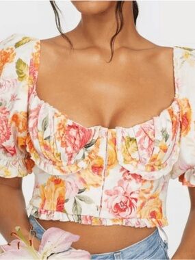For love & lemons Floral Puff-Sleeve Crop Top - White with Pink & orange Roses